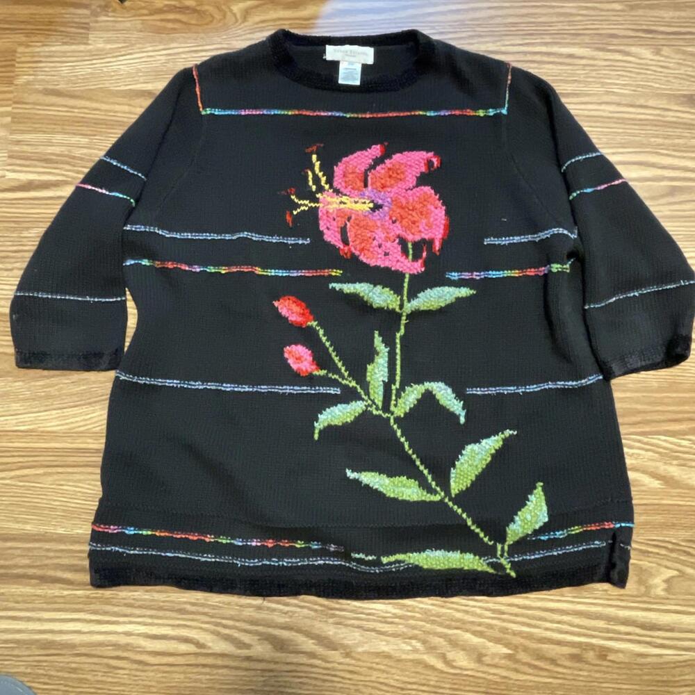 SUSAN BRISTOL Oversized Fit Slit Sides Sweater Floral Womens Plus 2W Hand Knit